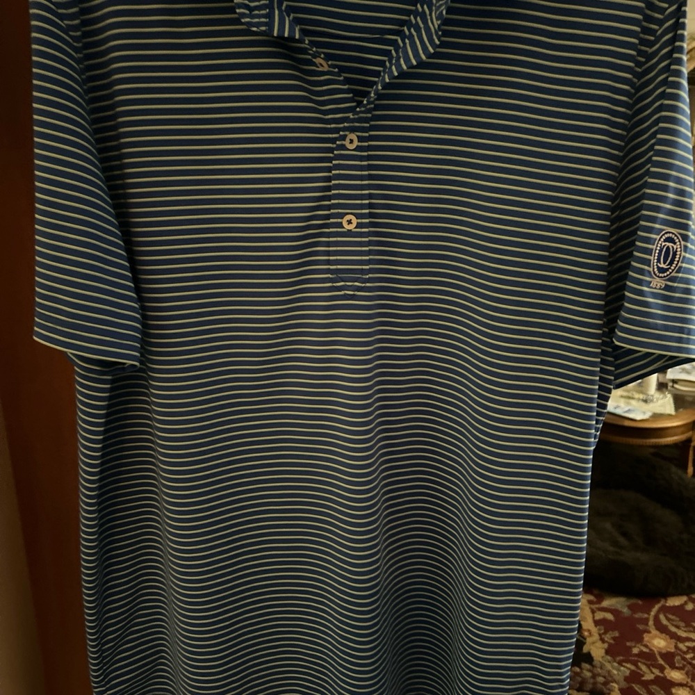 Donald Ross blue and yellow striped polo/golf shirt